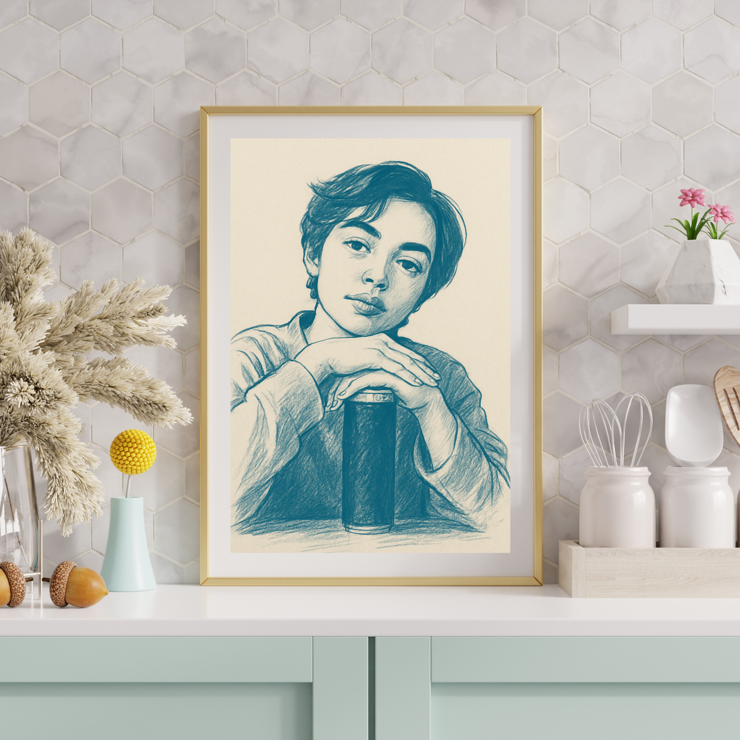 Personalized Sketch Portrait in Blue | Your Photo to Art