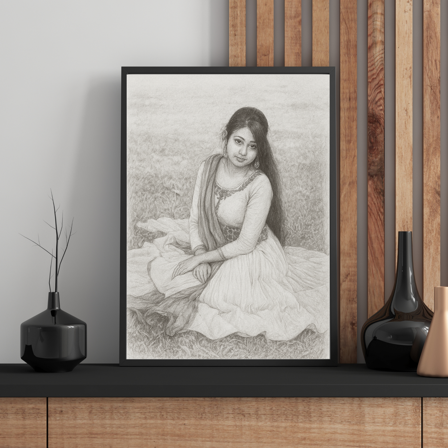 Personalized Charcoal Portrait Wooden Framed Poster