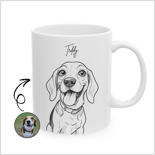 Personalized Caricature Line Art White Coffee Mug for Your Pet | Photo to Art