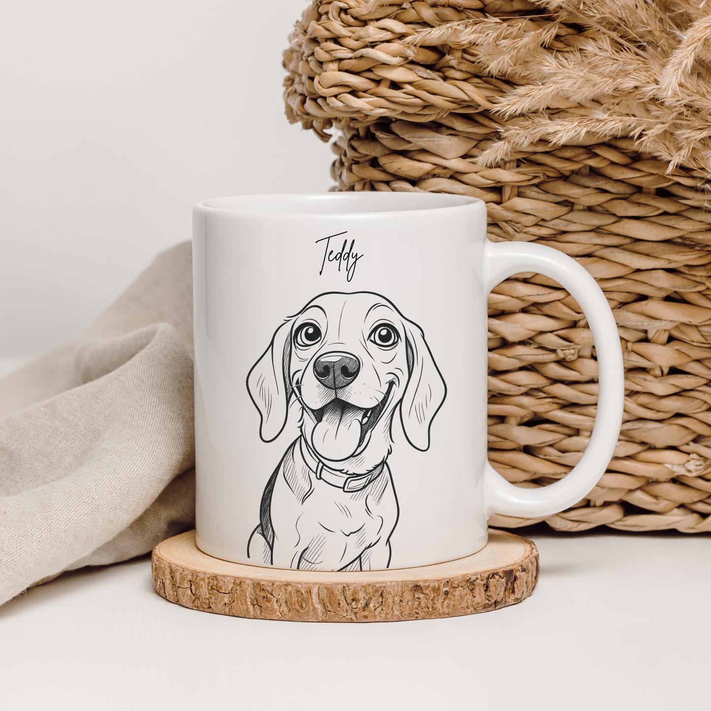 Personalized Caricature Line Art White Coffee Mug for Your Pet | Photo to Art