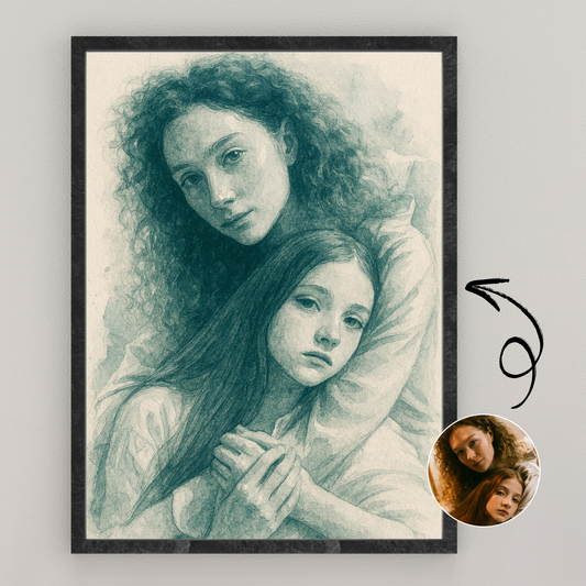 Personalized Sketch Portrait in Blue Wooden Framed Poster
