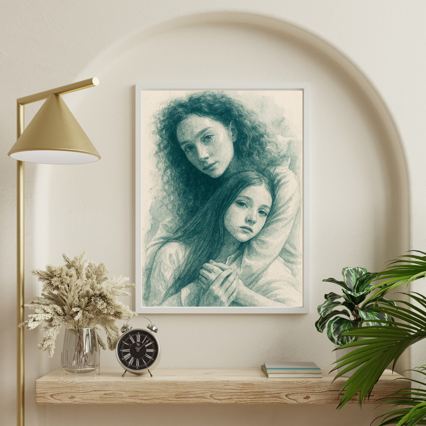 Personalized Sketch Portrait in Blue Wooden Framed Poster