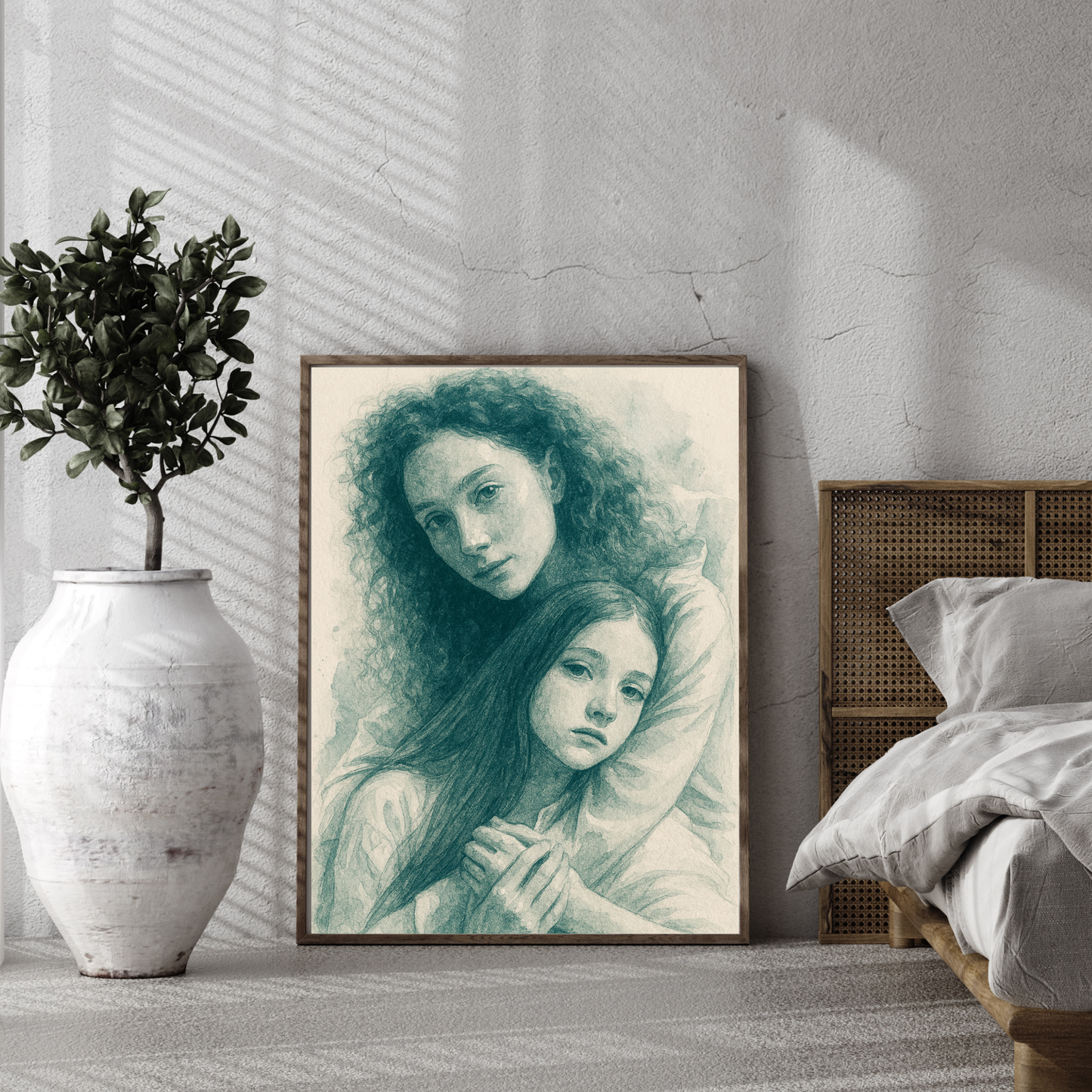 Personalized Sketch Portrait in Blue Wooden Framed Poster