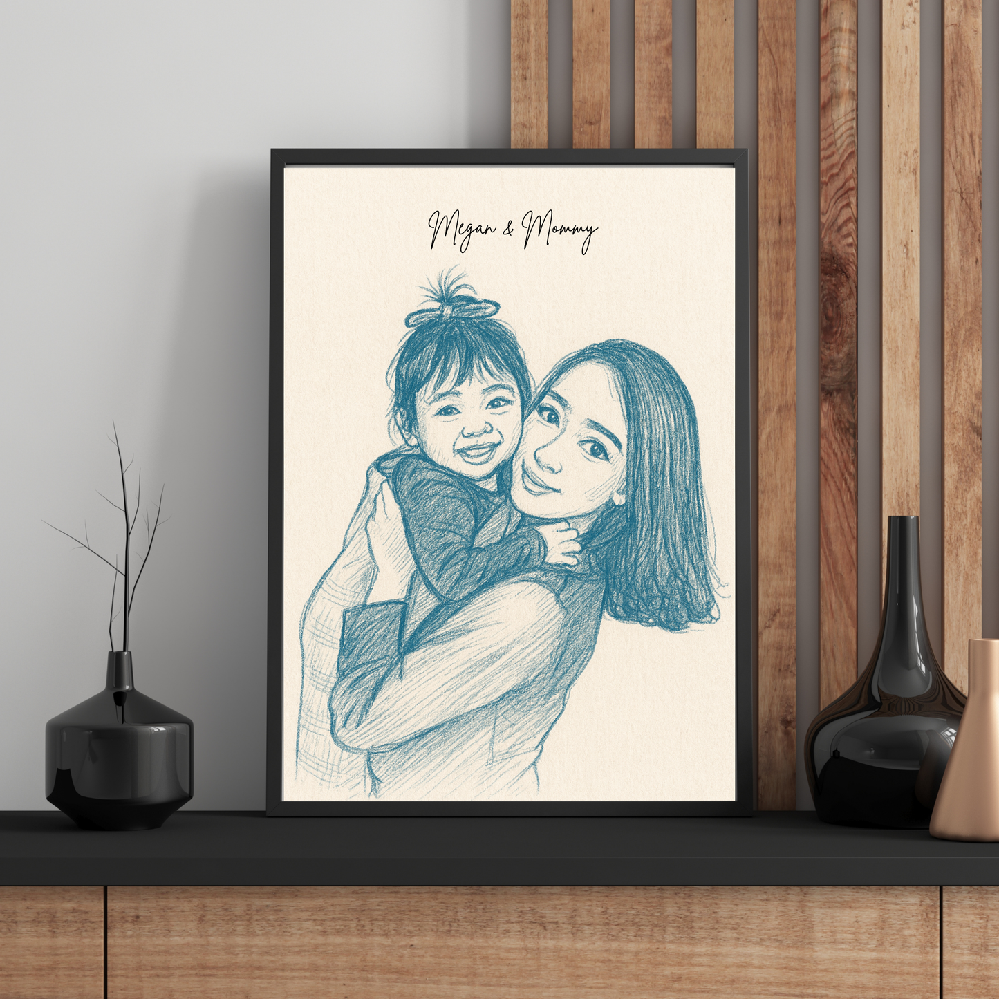Personalized Sketch Portrait in Blue Wooden Framed Poster