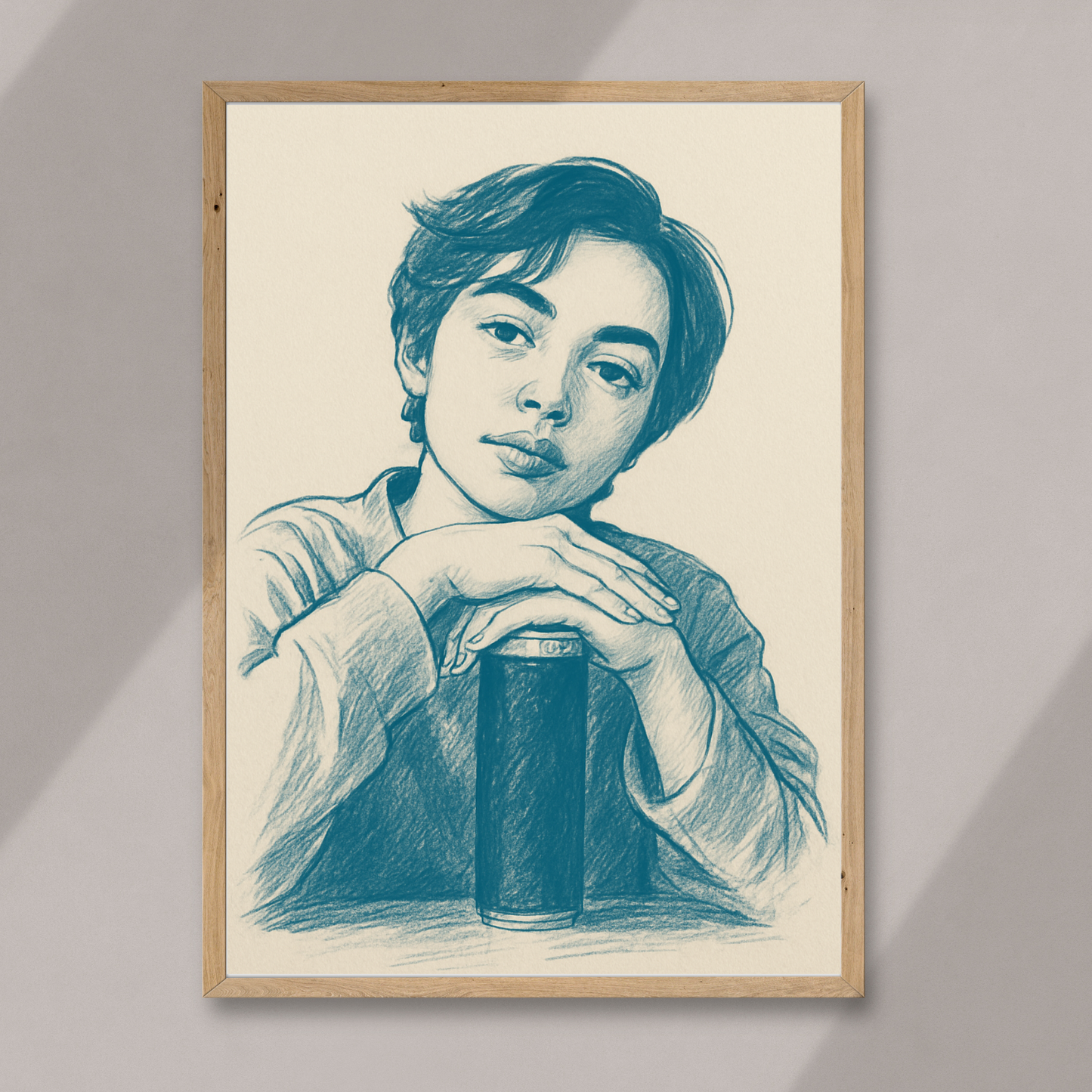 Personalized Sketch Portrait in Blue Wooden Framed Poster